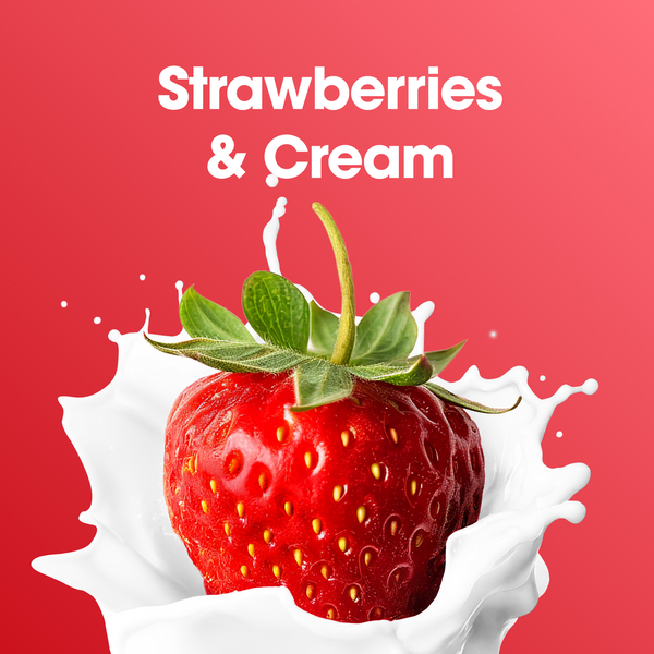 Optimum Nutrition strawberries and cream whey protein tub with a vivid red strawberry and creamy white splash graphic