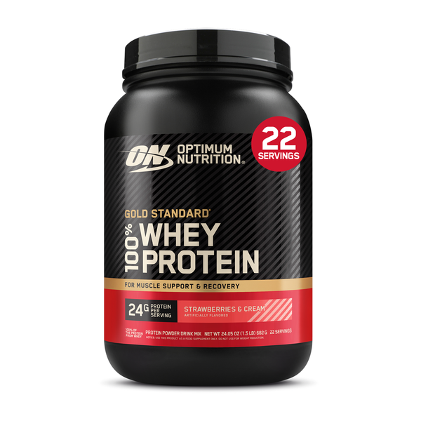 Optimum Nutrition whey protein powder in a black tub with a red Strawberries & Cream label and 22 servings