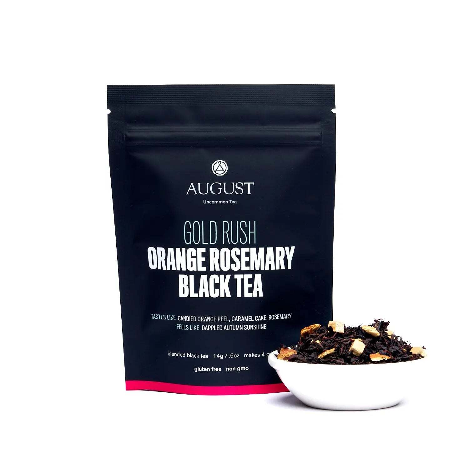 Orange Rosemary Caramel Black Tea in a dark resealable pouch, with a bowl of loose black tea and orange peel