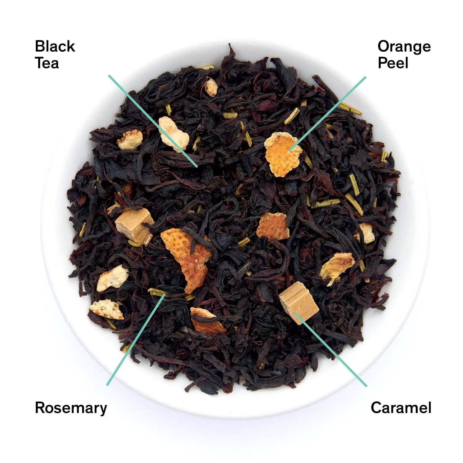 Orange Rosemary Caramel Black Tea loose leaf blend with dark black tea, orange peel, rosemary and caramel pieces