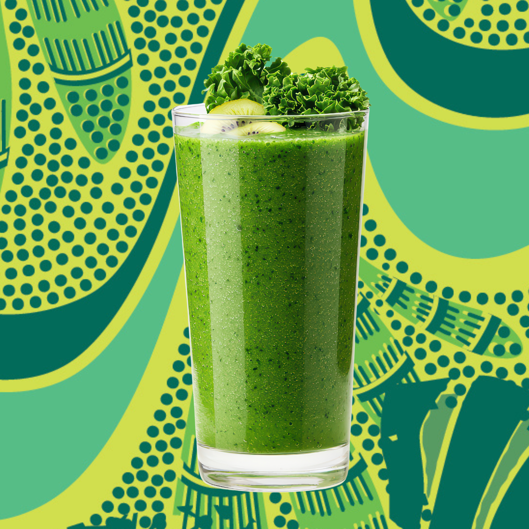 Organic Pure Moringa Powder green smoothie in a clear glass topped with kale and kiwi slices against a vibrant patterned background