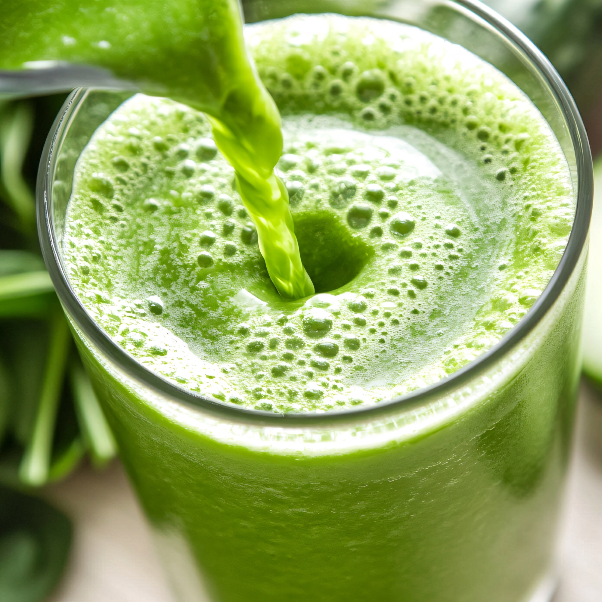 Organic Pure Moringa Powder green smoothie being poured into a clear glass with frothy, vibrant green texture