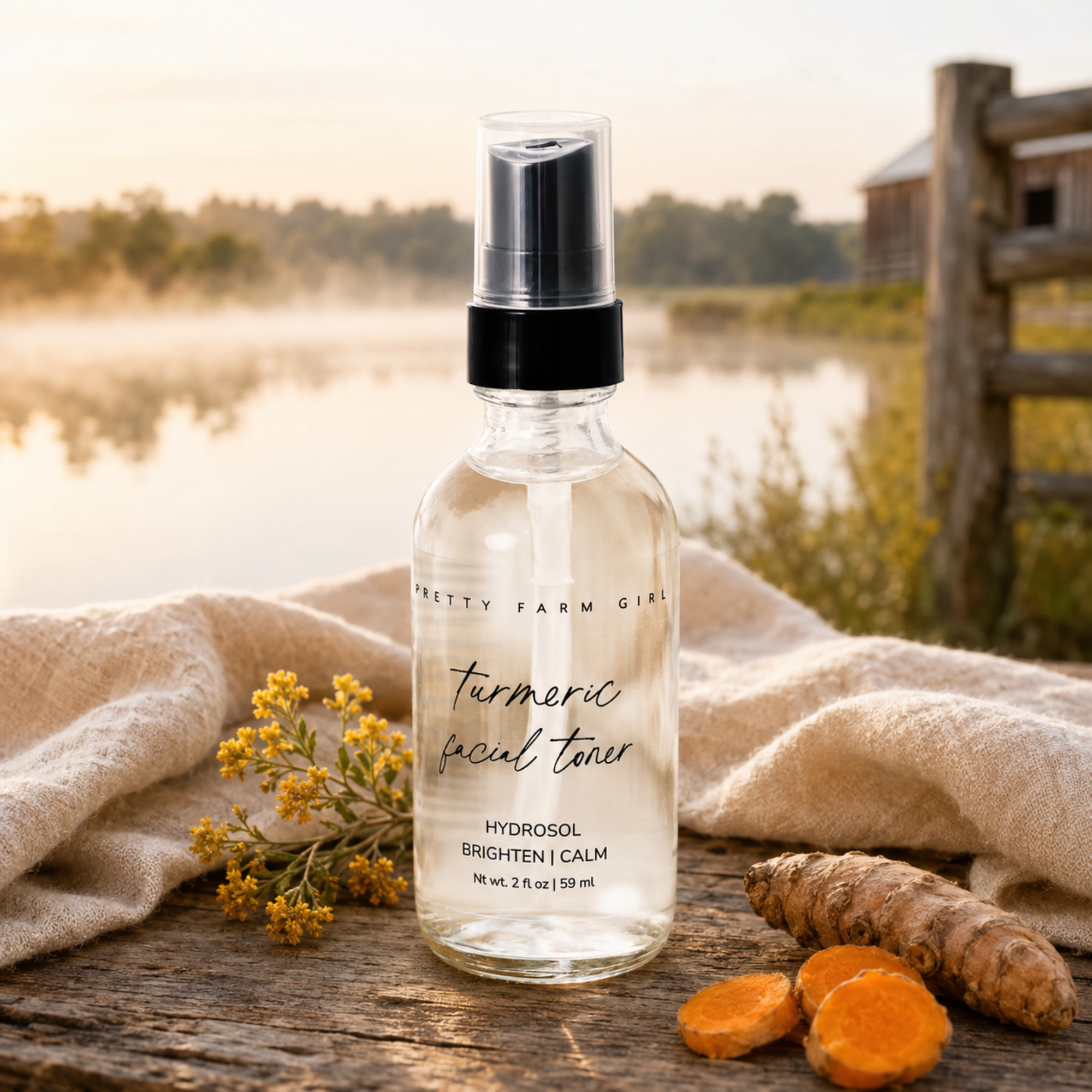 Organic Turmeric Facial Toner in a clear glass spray bottle with black pump and handwritten-style label