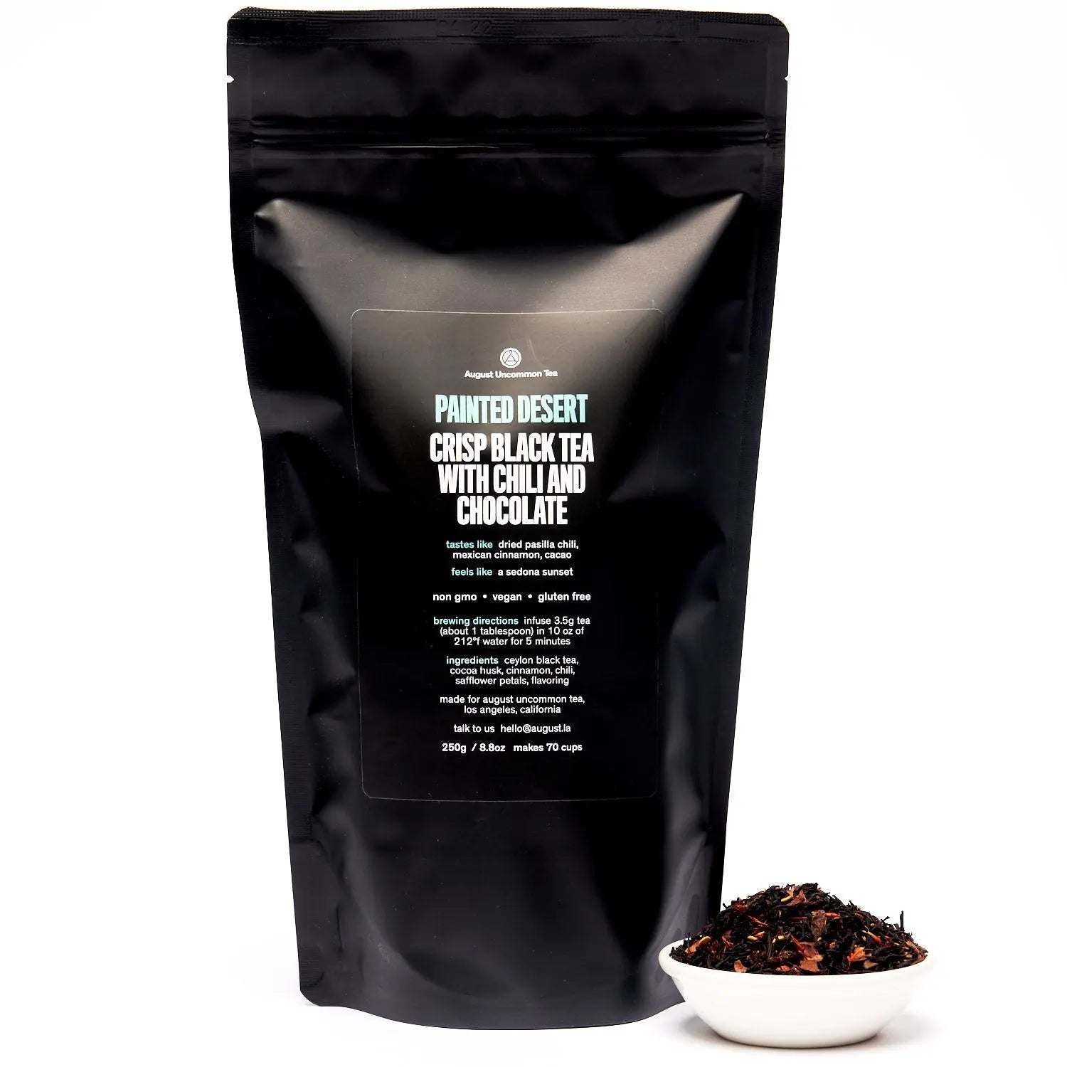 Painted Desert Tea black tea blend in a matte black pouch with chili, chocolate, and cinnamon