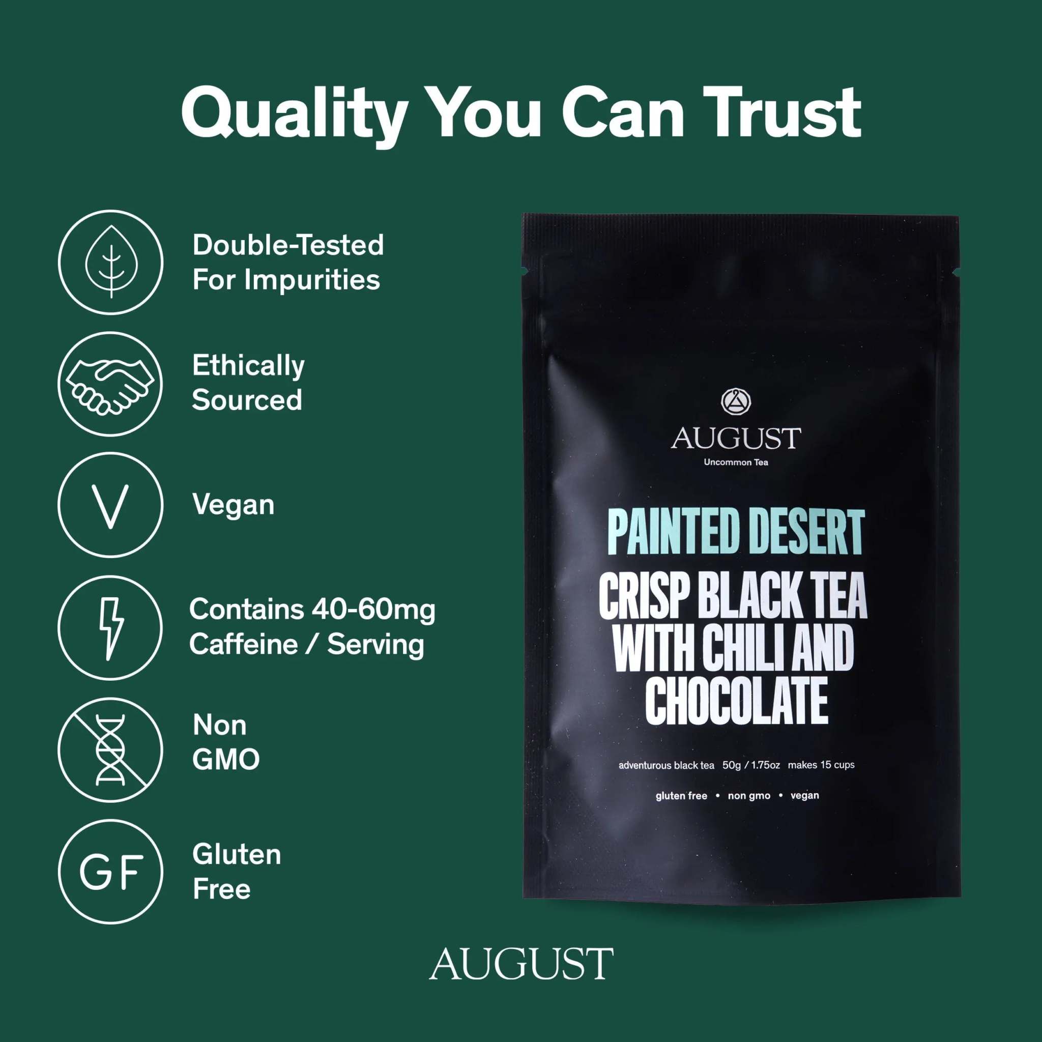 Painted Desert Tea black tea pouch in black packaging with chili and chocolate, vegan and gluten free