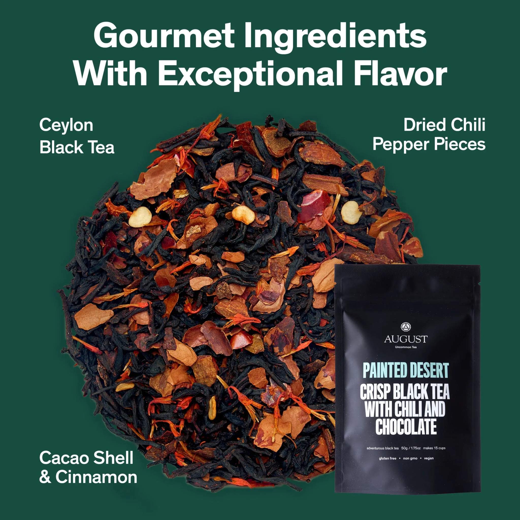 Painted Desert Tea spicy black tea blend with cacao shell, cinnamon, chili pieces, and chocolate flavor