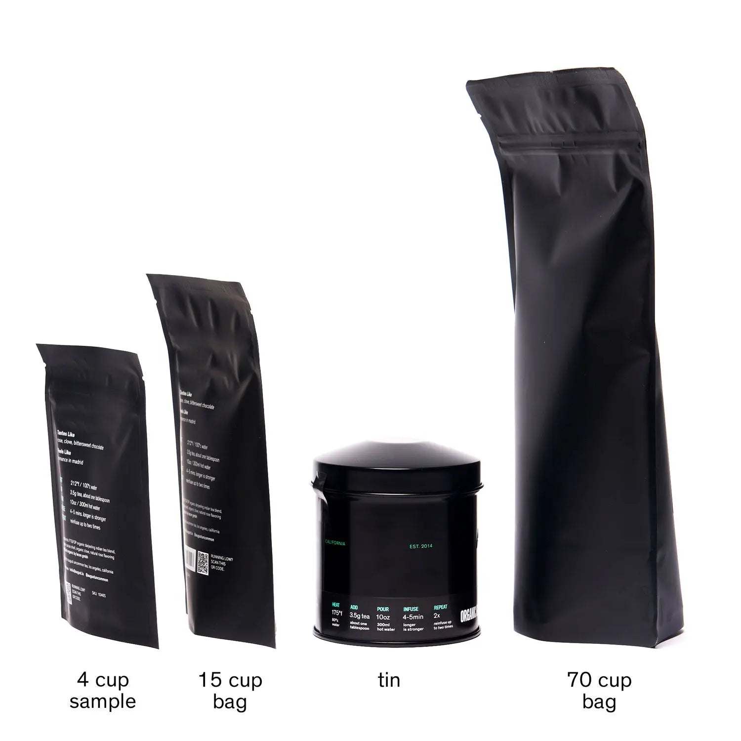 Passage - Hazelnut Chocolate Black Tea shown in black sample, 15-cup and 70-cup bags, plus a tea tin