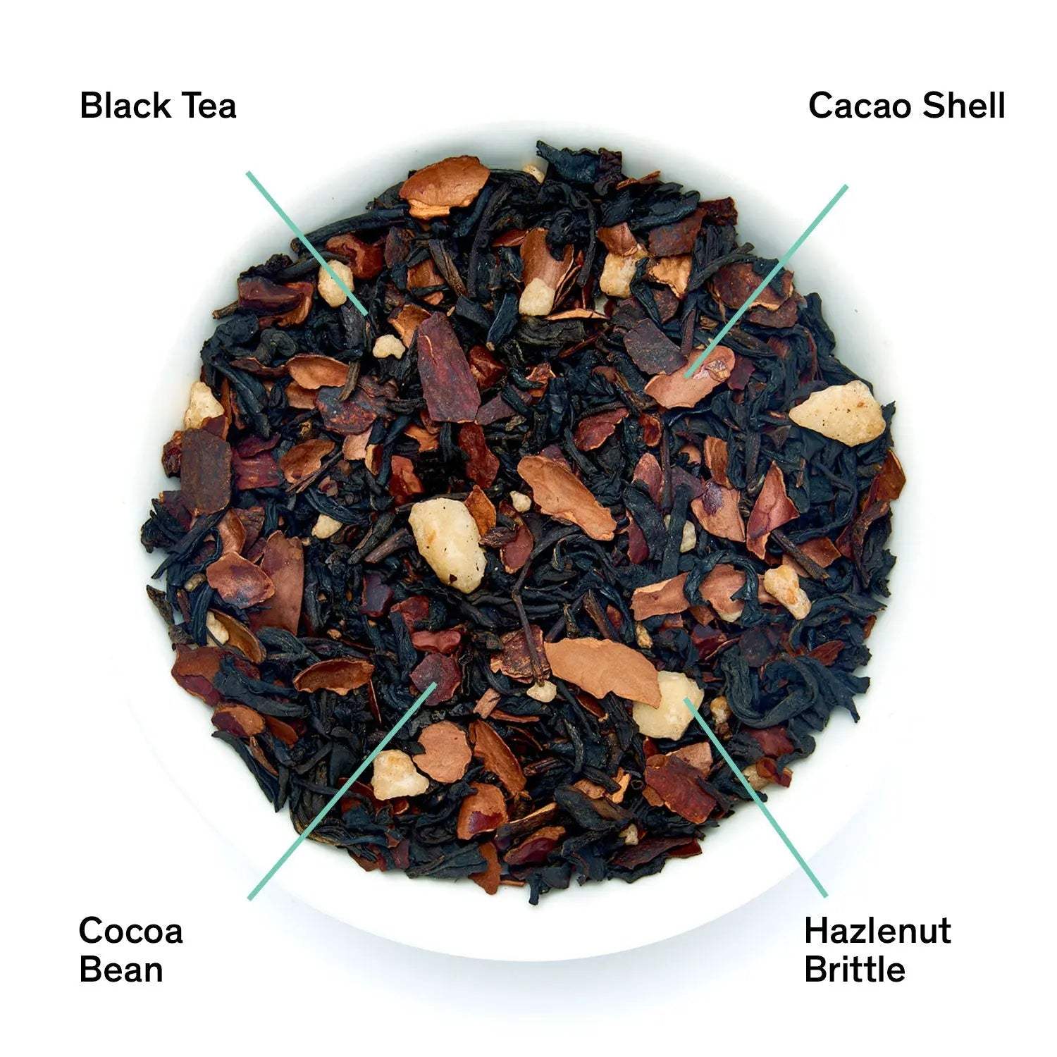 Passage - Hazelnut Chocolate Black Tea blend with dark black tea leaves, reddish cacao shells, cocoa beans and hazelnut brittle pieces