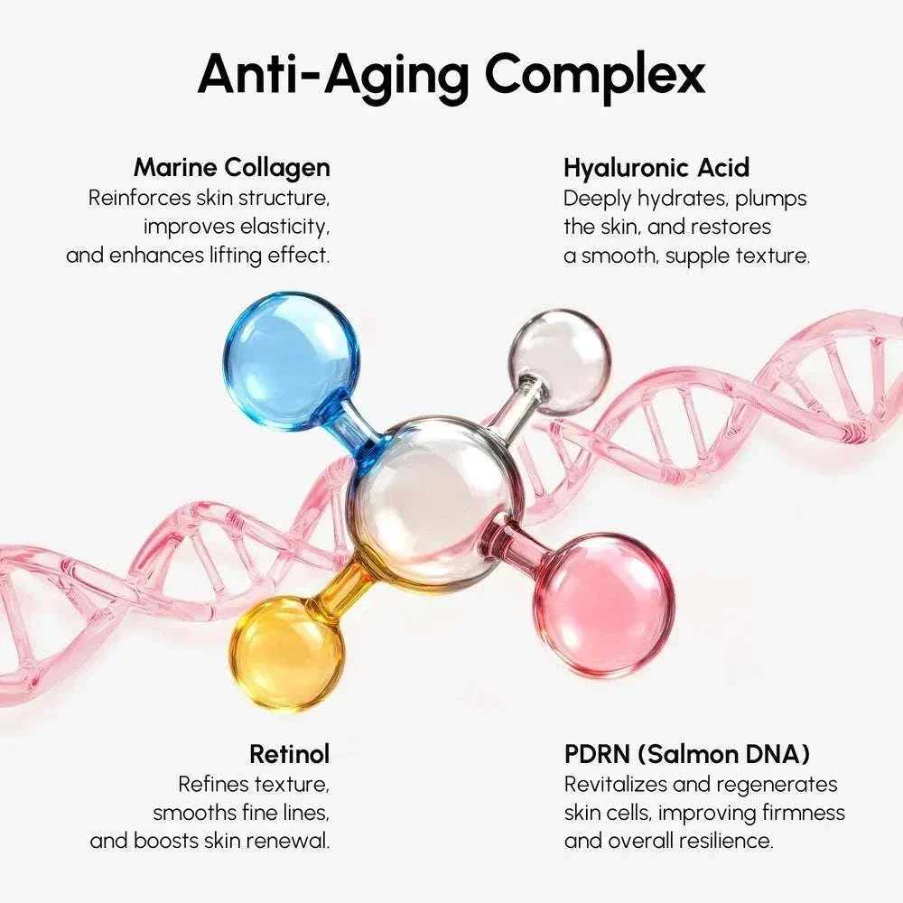 PDRN V-line Lifting Mask featuring a colorful molecular diagram with blue, yellow, pink and clear spheres linked to a pink DNA helix
