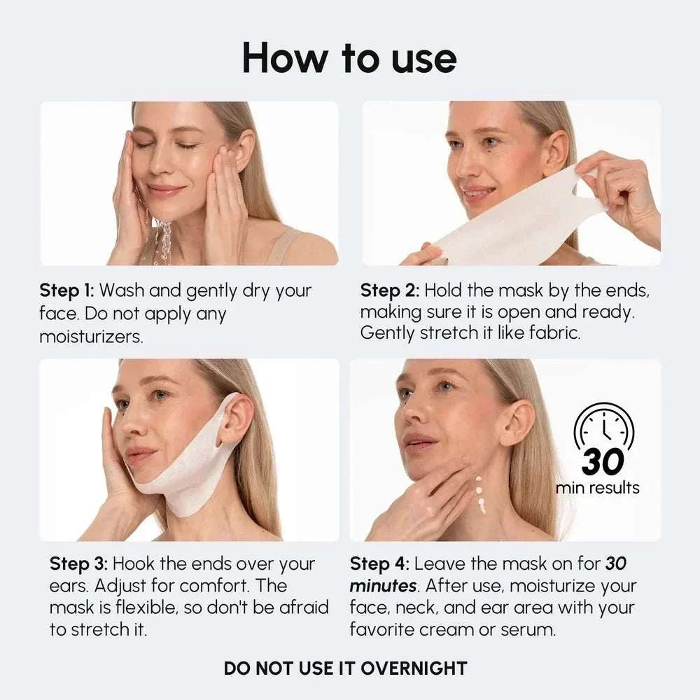 PDRN V-line Lifting Mask is a white flexible chin and jaw wrap, shown with ear loops for lifting support.