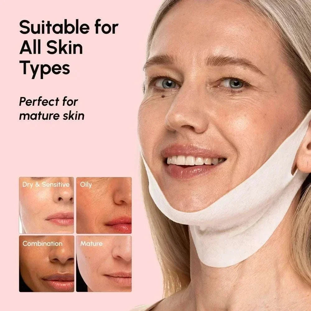 PDRN V-line Lifting Mask made of white fabric, wraps under the chin and around the jaw with ear loops for a lifting fit.