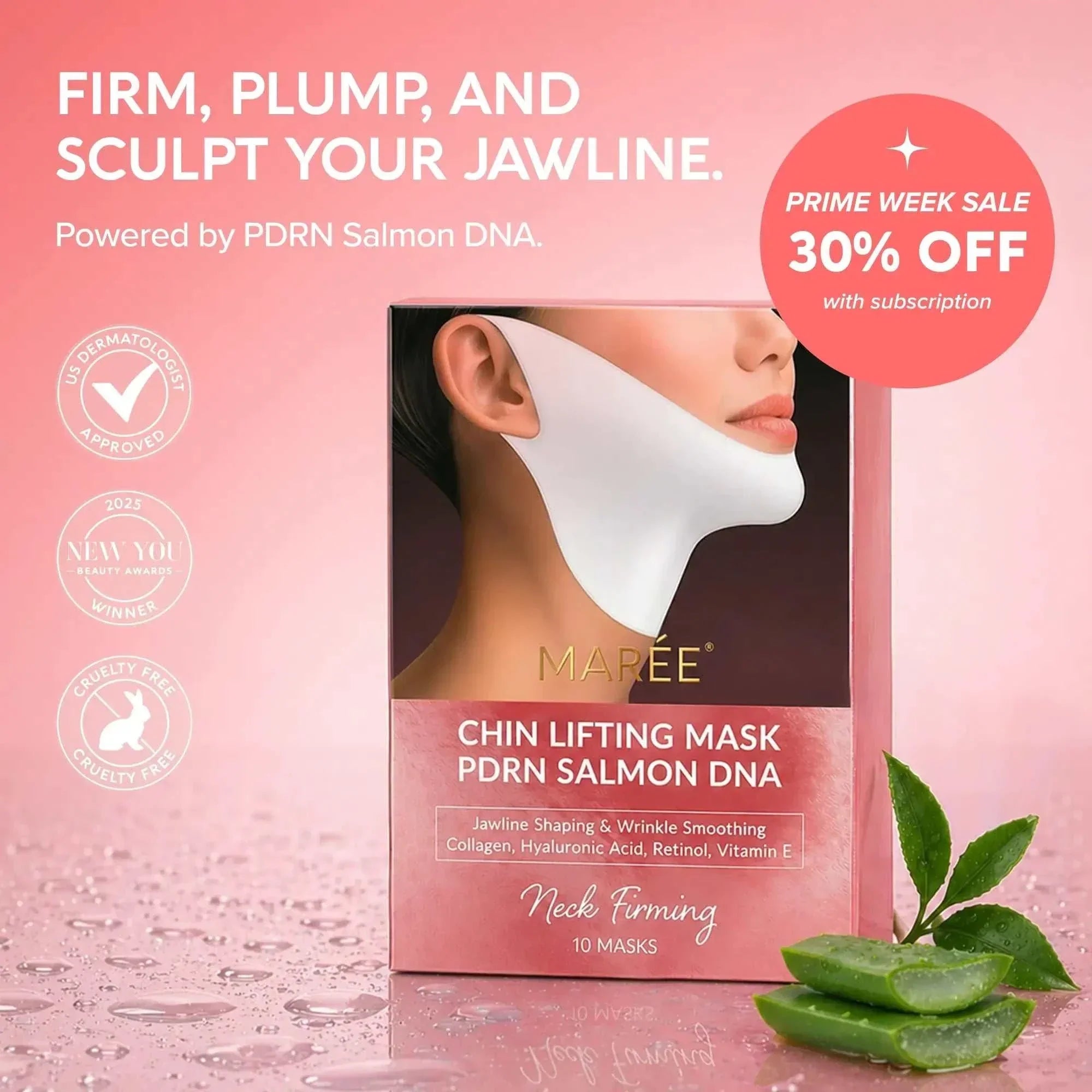 PDRN V-line Lifting Mask box in pink with a white chin-lifting mask illustration and salmon DNA labeling