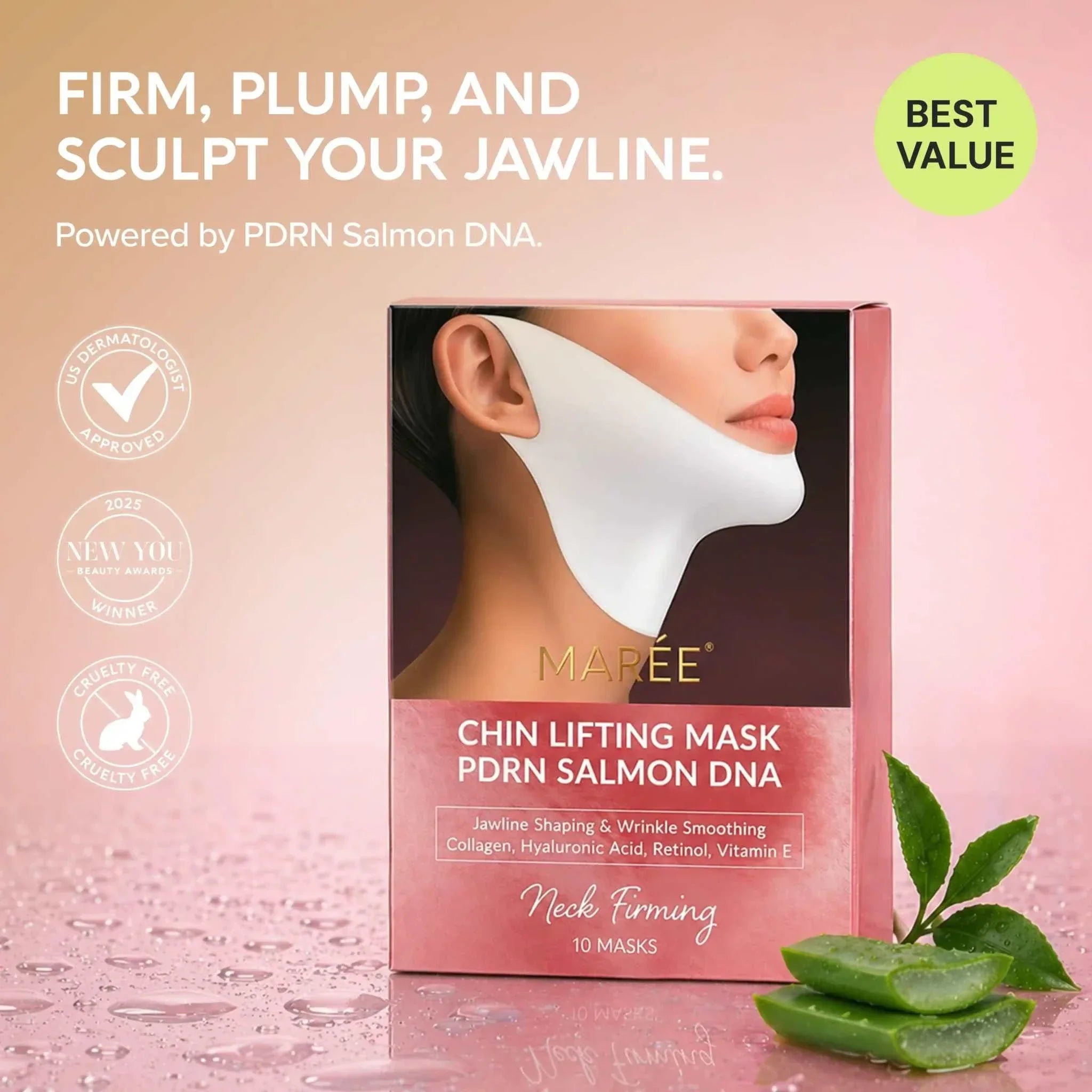 PDRN V-line Lifting Mask box in pink with a chin-shaped mask illustration and salmon DNA label