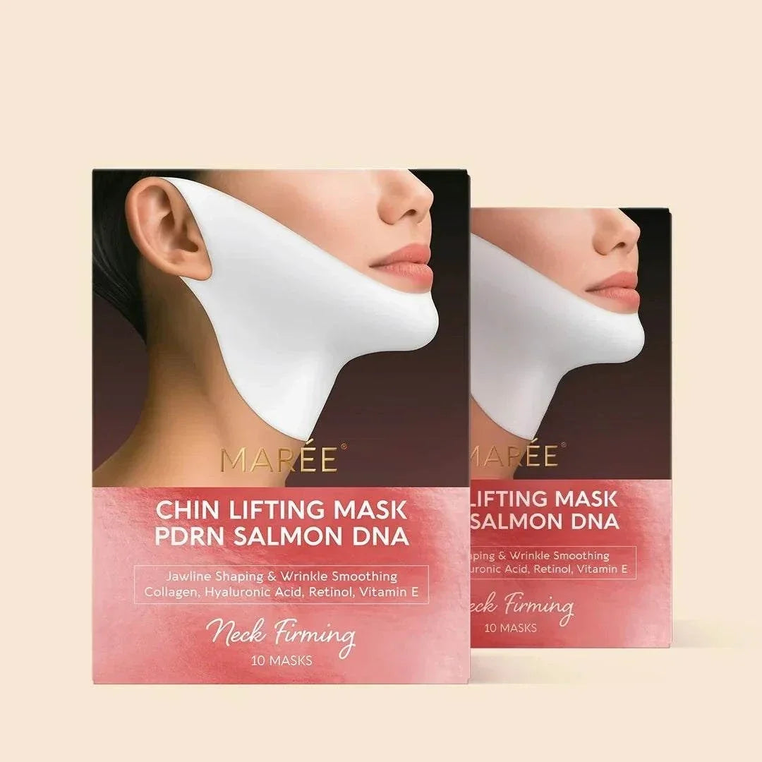 PDRN V-line Lifting Mask boxes with pink packaging, showing a white chin and jaw lifting mask on a model