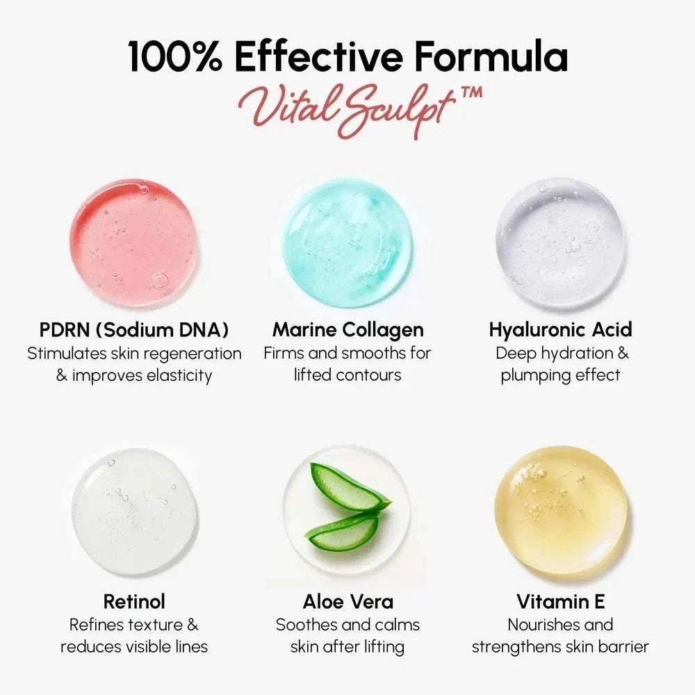 PDRN V-line Lifting Mask featuring six serum ingredients: PDRN, marine collagen, hyaluronic acid, retinol, aloe vera and vitamin E