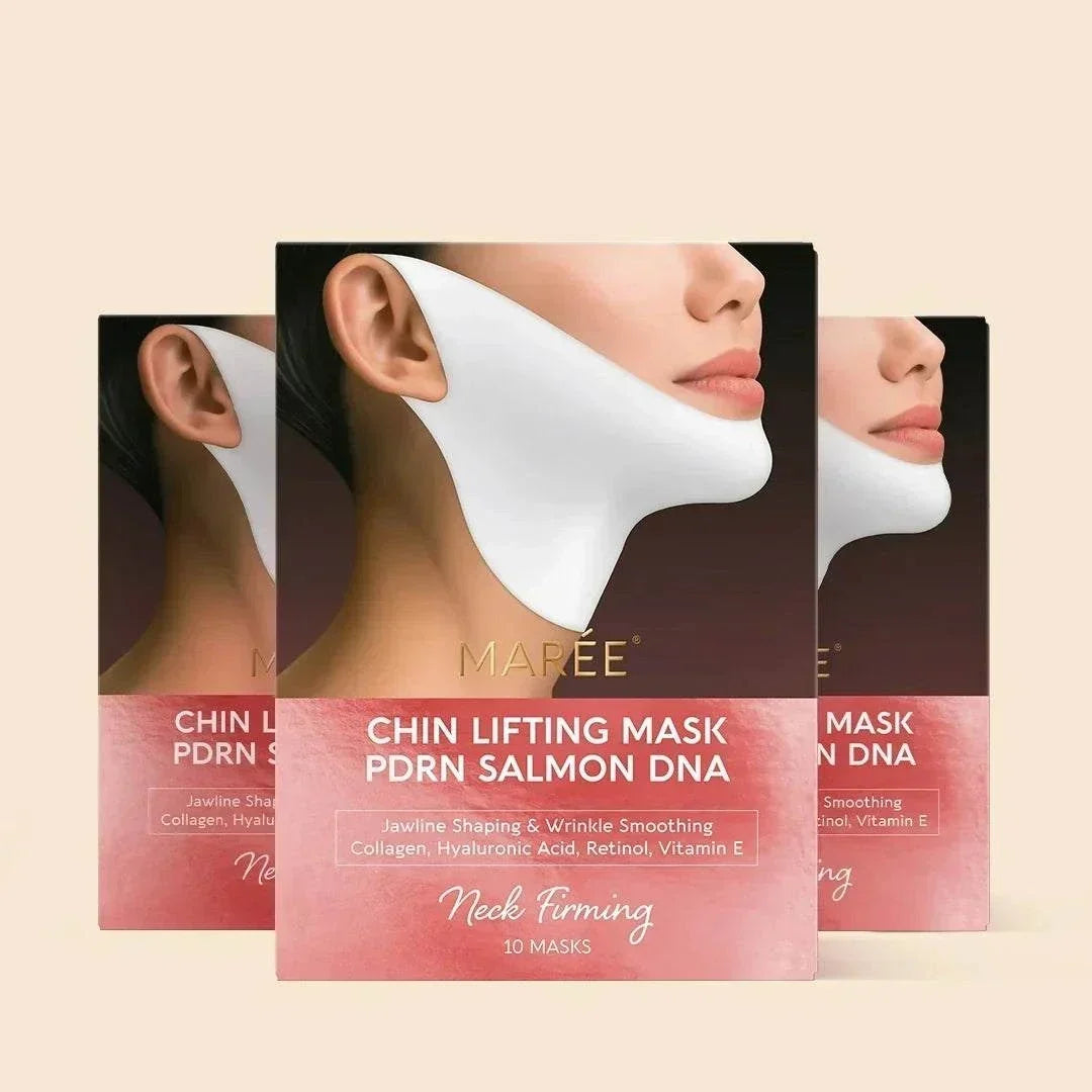 PDRN V-line Lifting Mask boxes featuring a white chin and jaw mask on pink packaging with salmon DNA text