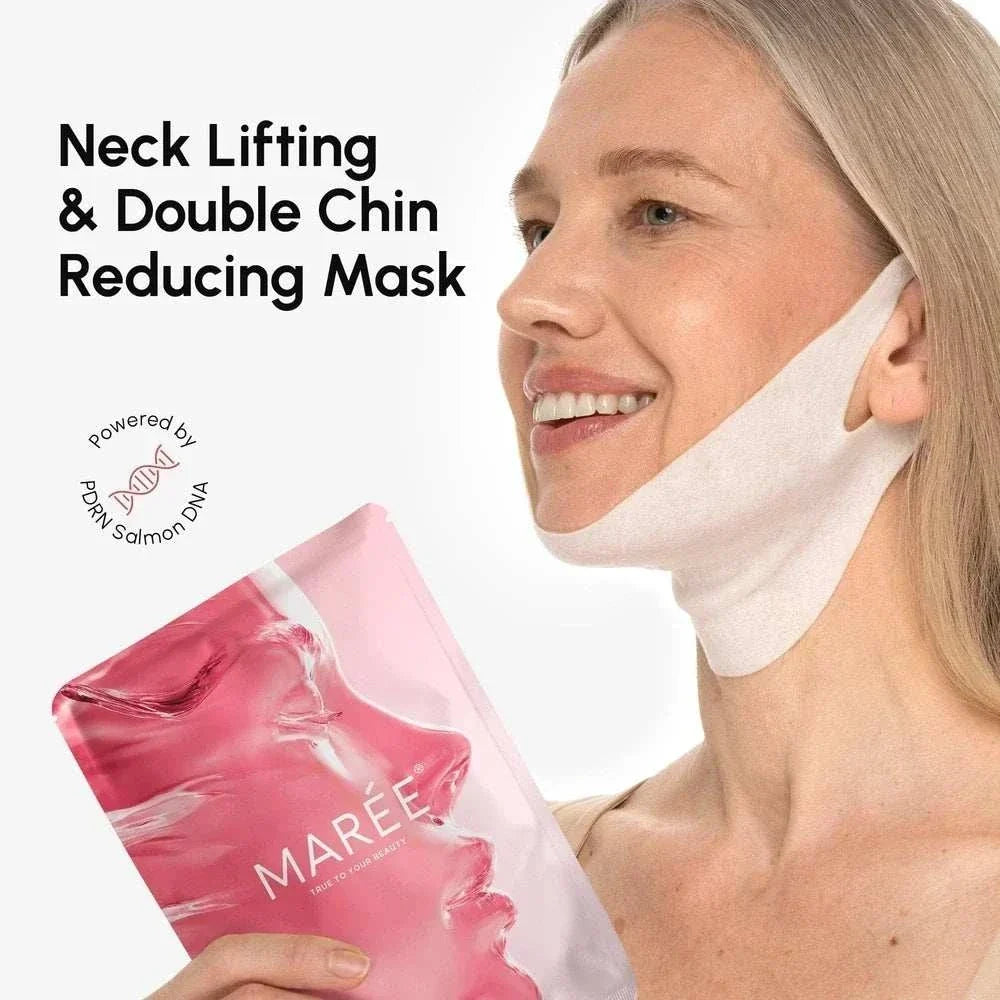 PDRN V-line Lifting Mask shown as a white chin and neck wrap beside pink Marée packaging