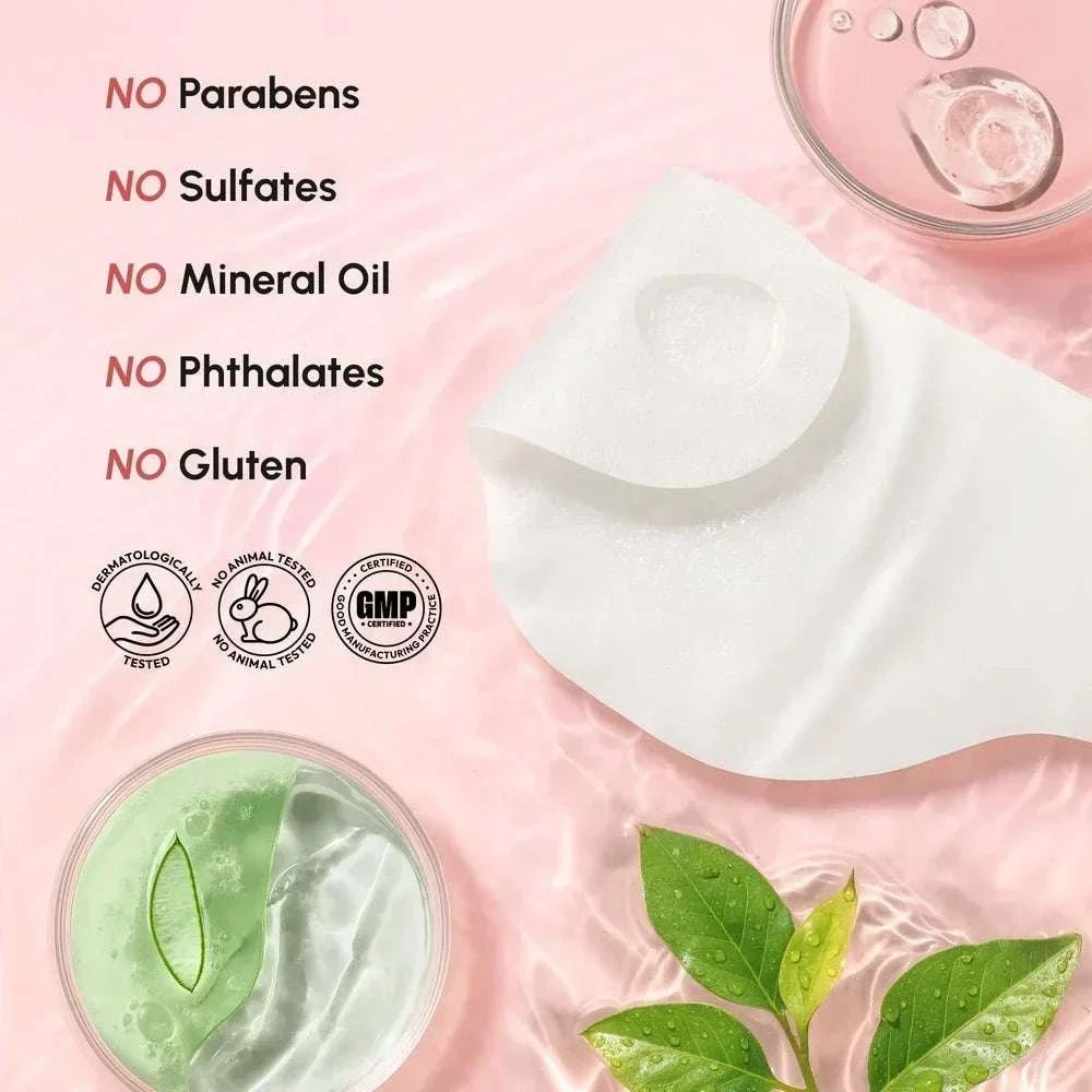 PDRN V-line Lifting Mask white fabric chin mask with contoured shape, beside green gel and botanical leaves