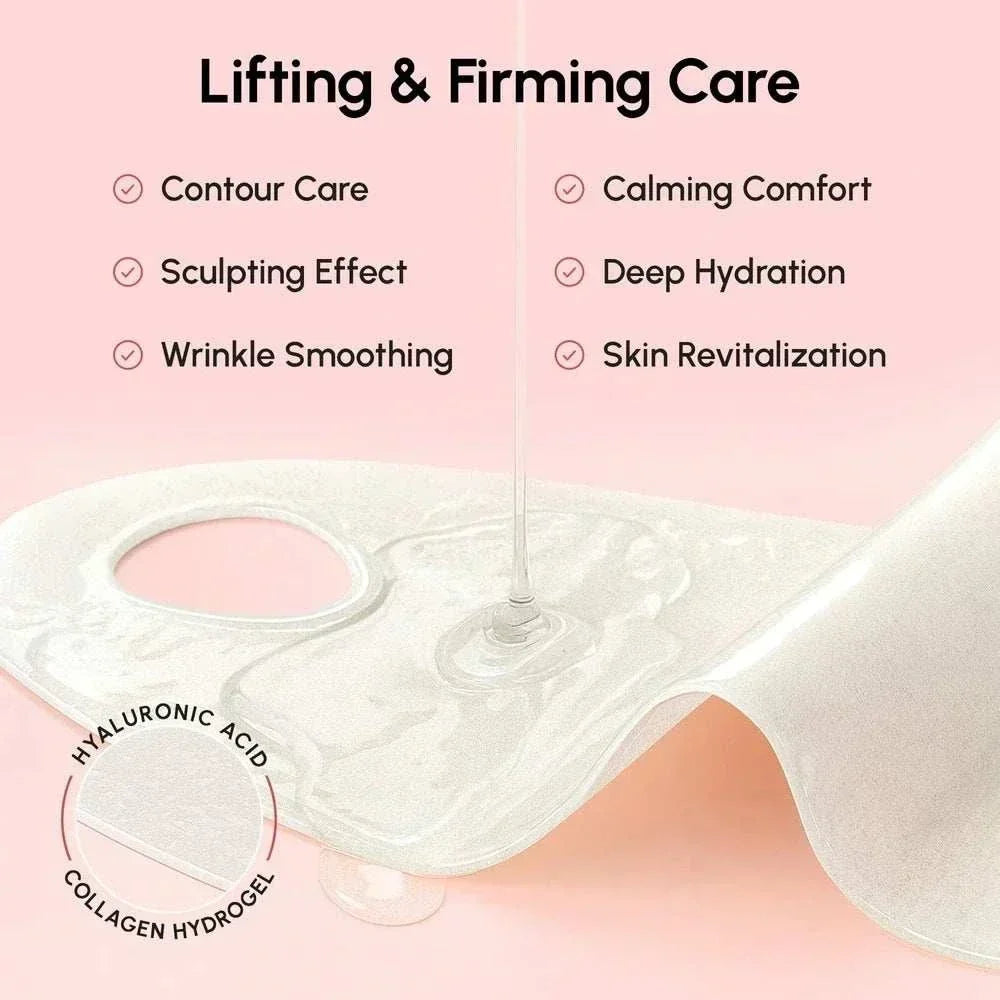 PDRN V-line Lifting Mask shown as a translucent white hydrogel sheet with a chin opening and curved contour.