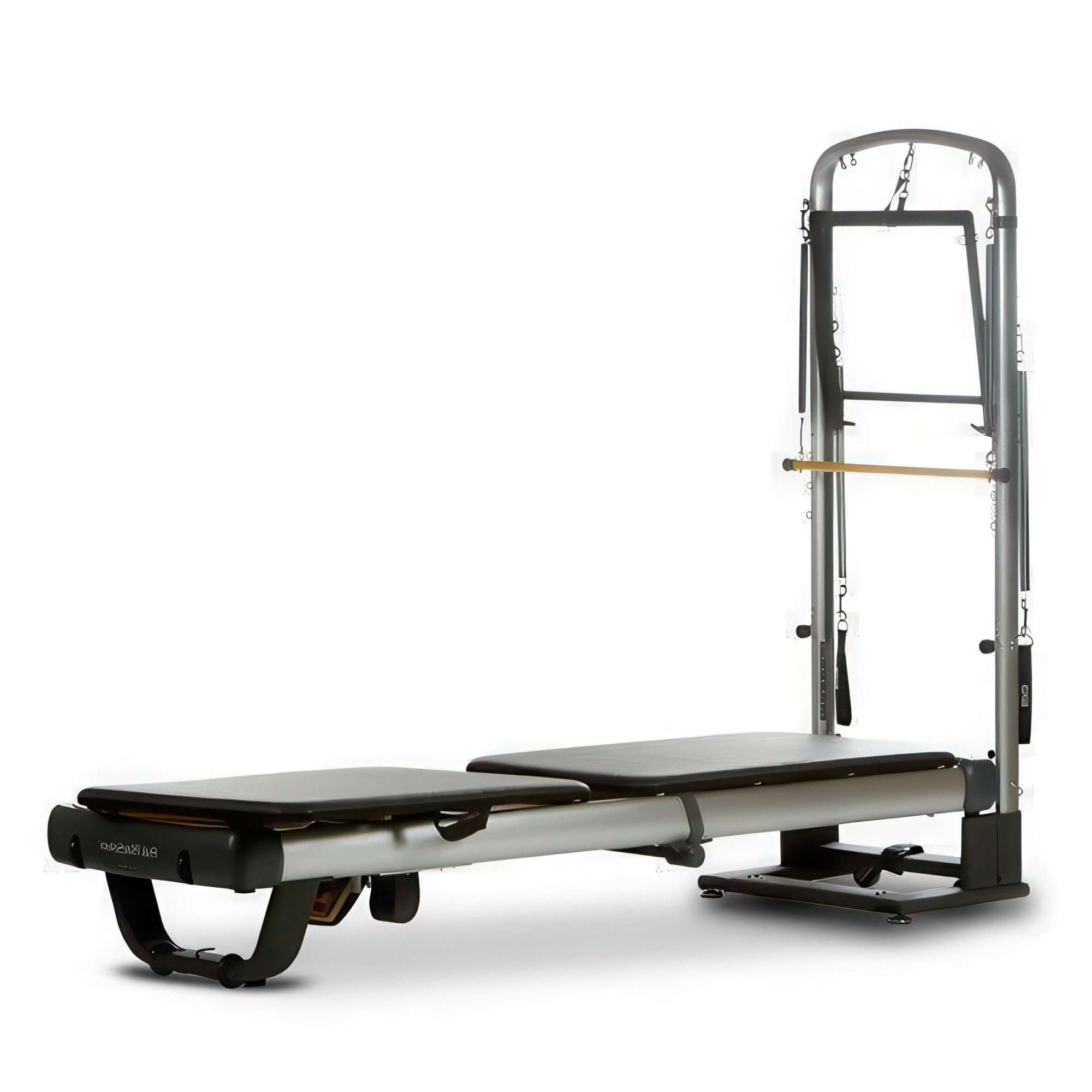 Peak PilateSystem® Deluxe Bundle with black and gray frame, folding design, tower attachment, and padded carriage for Pilates exercises