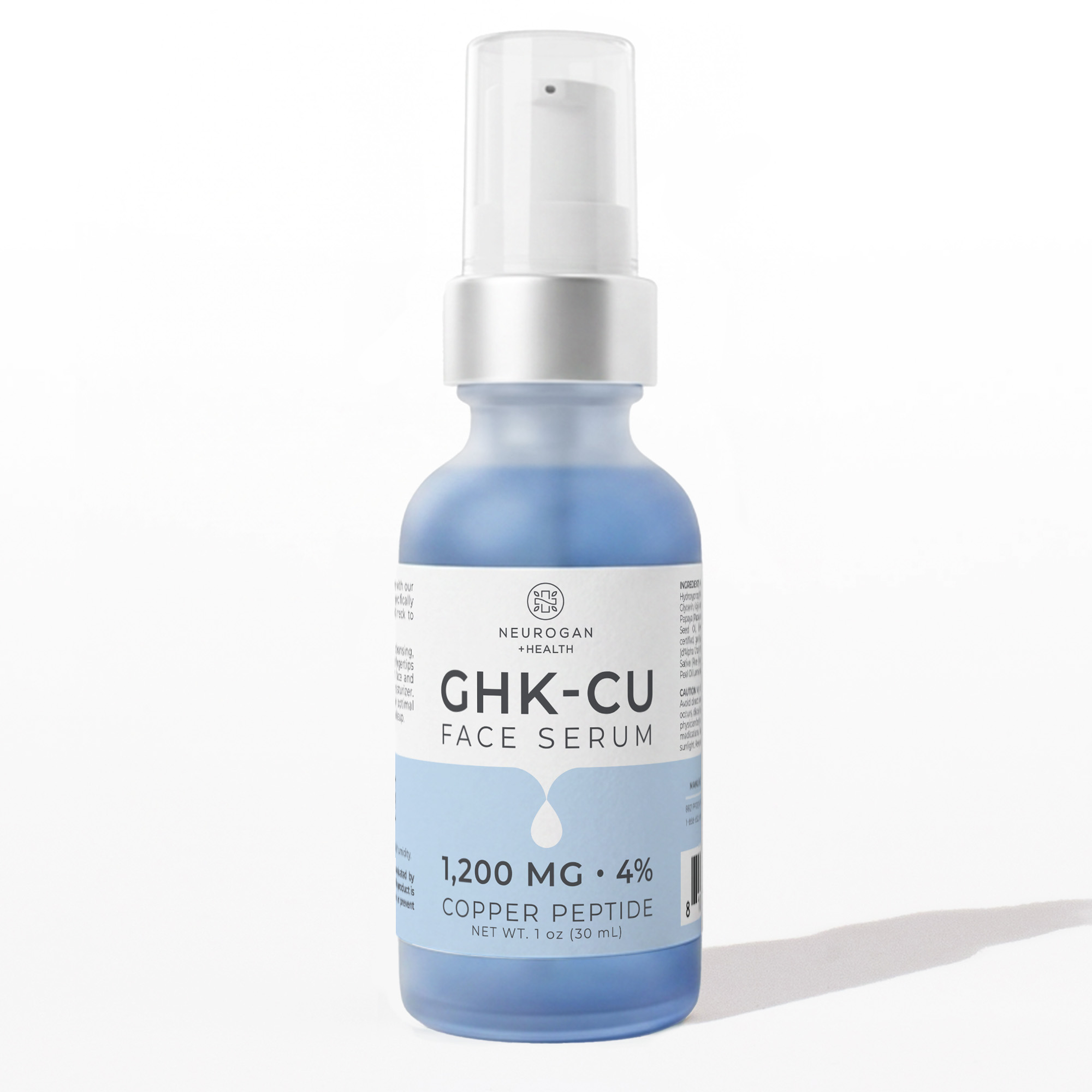 Blue frosted glass bottle of GHK-Cu Copper Peptide Face & Neck Peptide serum with white pump and silver collar, labeled for skincare use.
