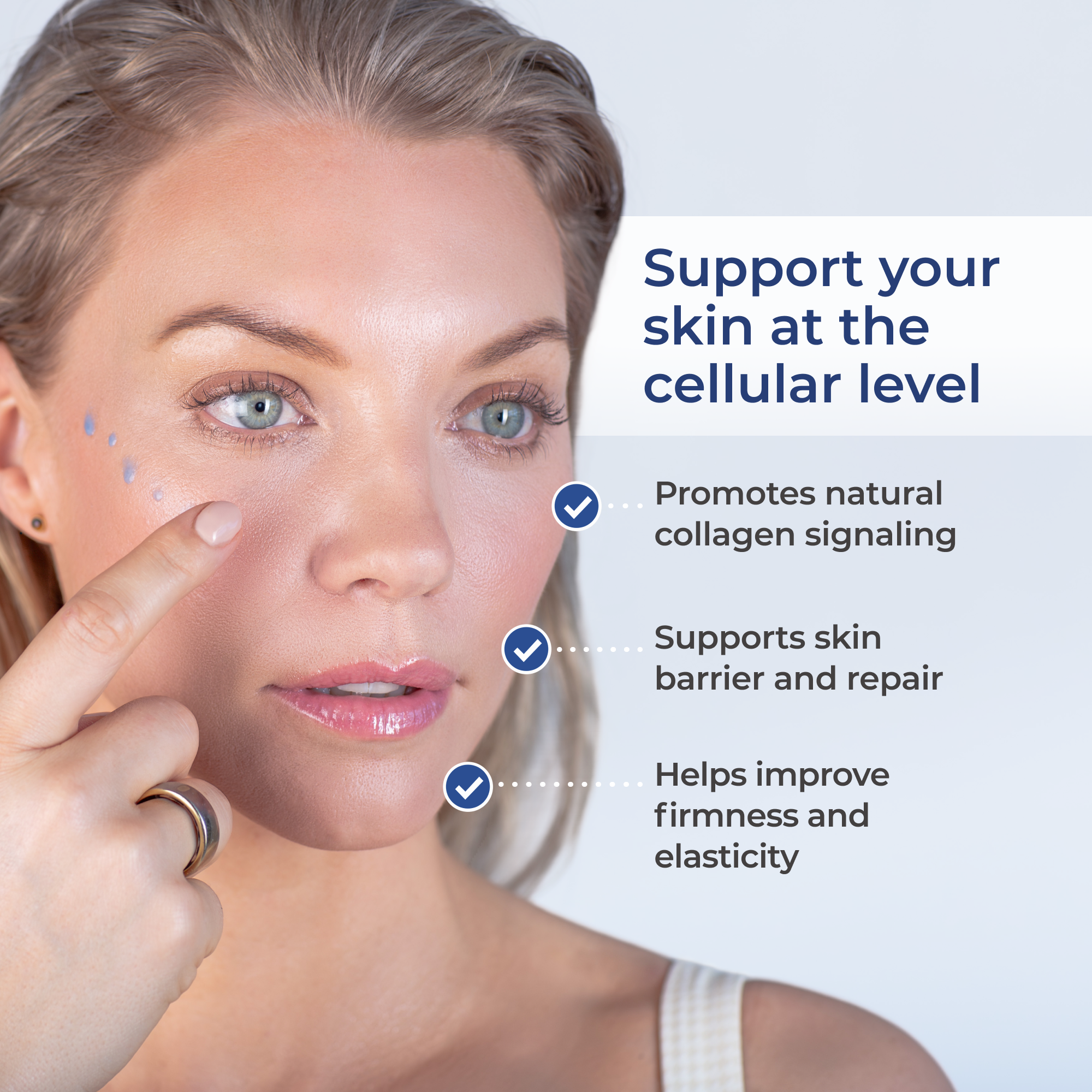 Woman with fair skin and blonde hair applying clear Peptide serum dots on her cheek, promoting collagen, skin repair, and elasticity benefits.