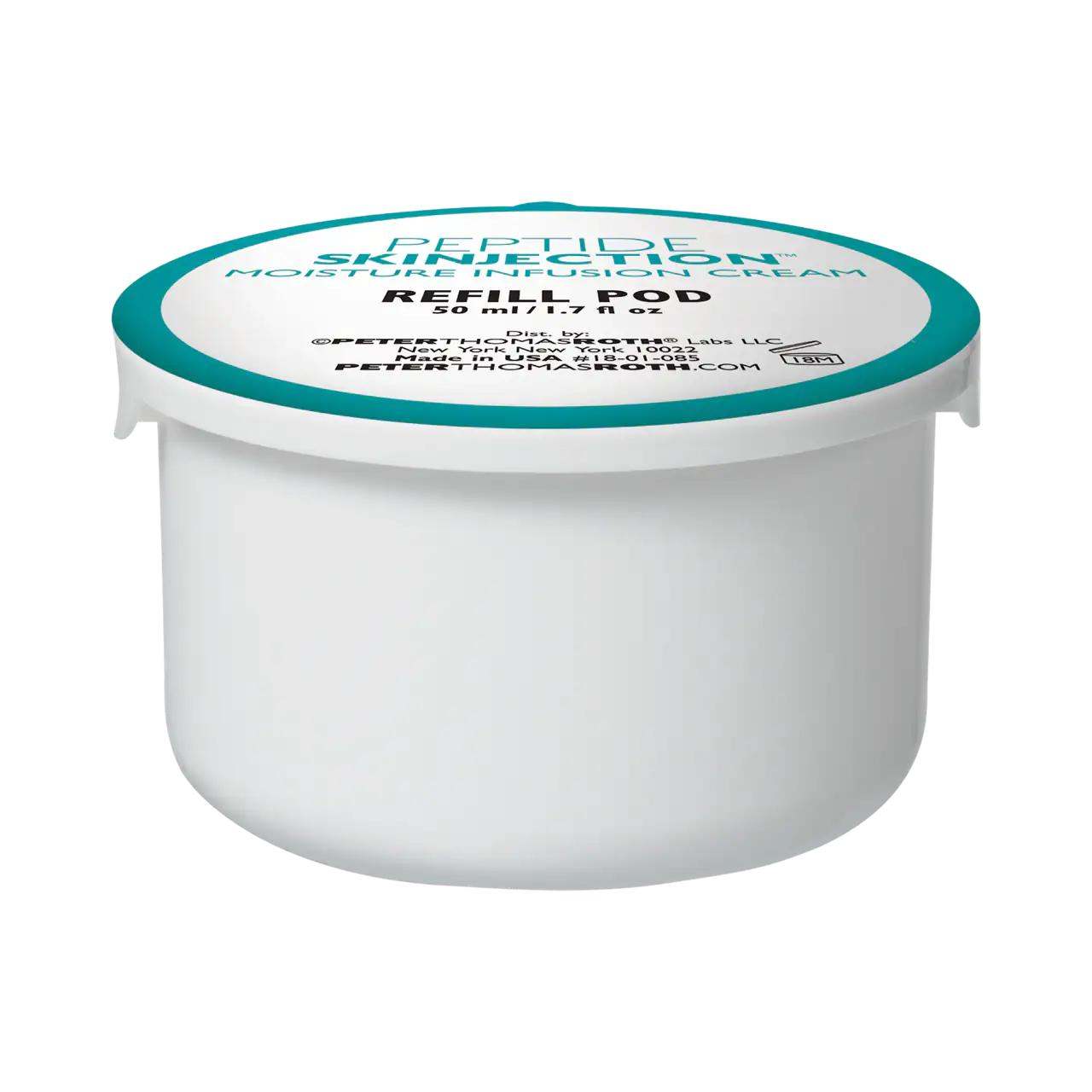 Refillable moisturizer cream pod with white plastic container, teal rim, and Peptide Skinjection Moisture Infusion label.