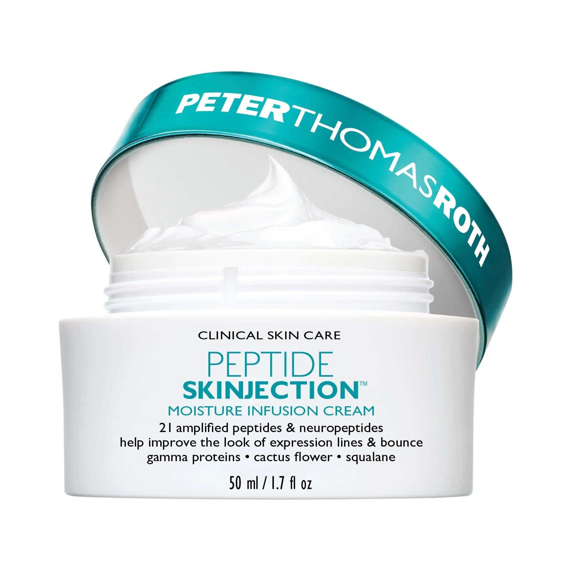 Refillable peptide moisturizer in a white cream jar with a teal Peter Thomas Roth lid and Peptide Skinjection Moisture Infusion label.