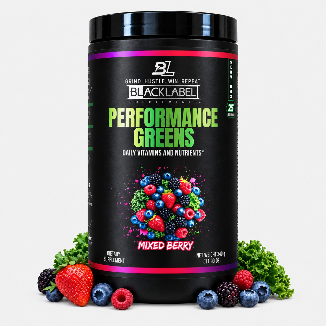 PERFORMANCE GREENS powder in a black tub with bright green lettering, magenta accents and mixed berry graphics
