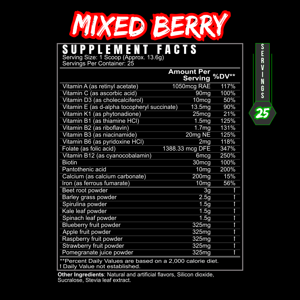 PERFORMANCE GREENS mixed berry supplement facts label with nutrient amounts, serving size, and 25 servings per container