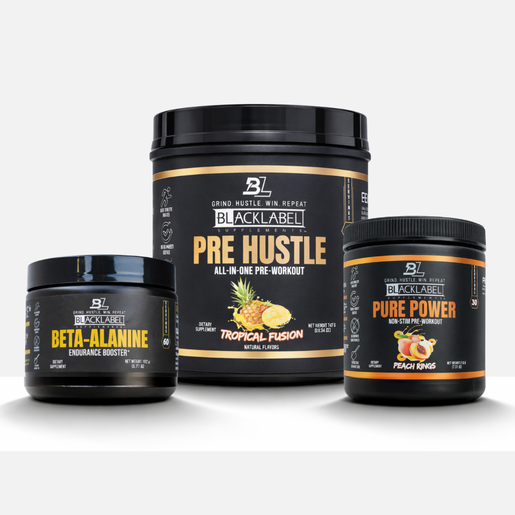 PERFORMANCE STACK with three black supplement tubs, featuring gold and orange labels for Pre Hustle, Beta-Alanine, and Pure Power
