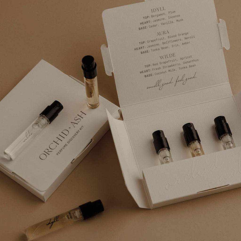 Perfume discovery kit featuring non-toxic IDYLL and AURA scents