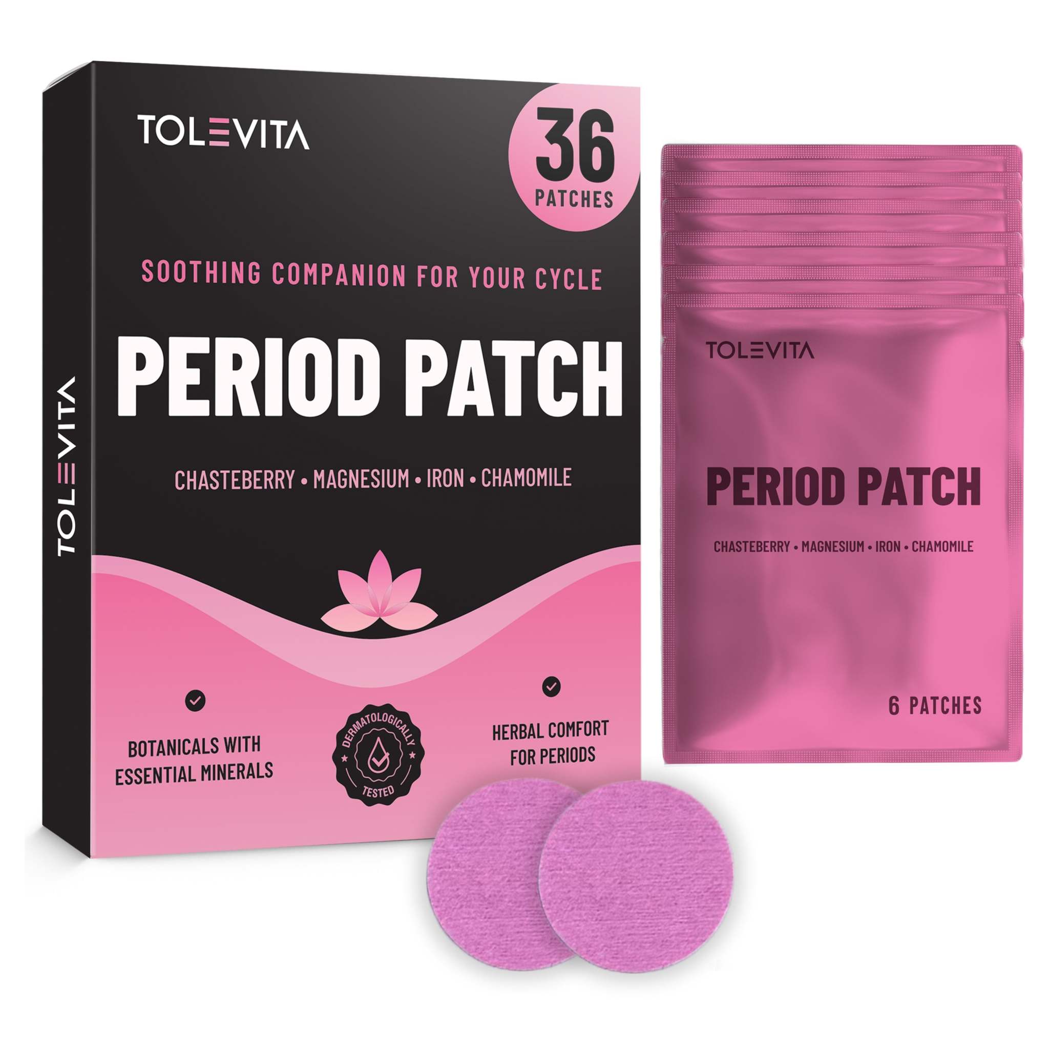 Period Patches Menstrual Support in black and pink packaging with botanical graphics, resealable pouch, and round pink patches
