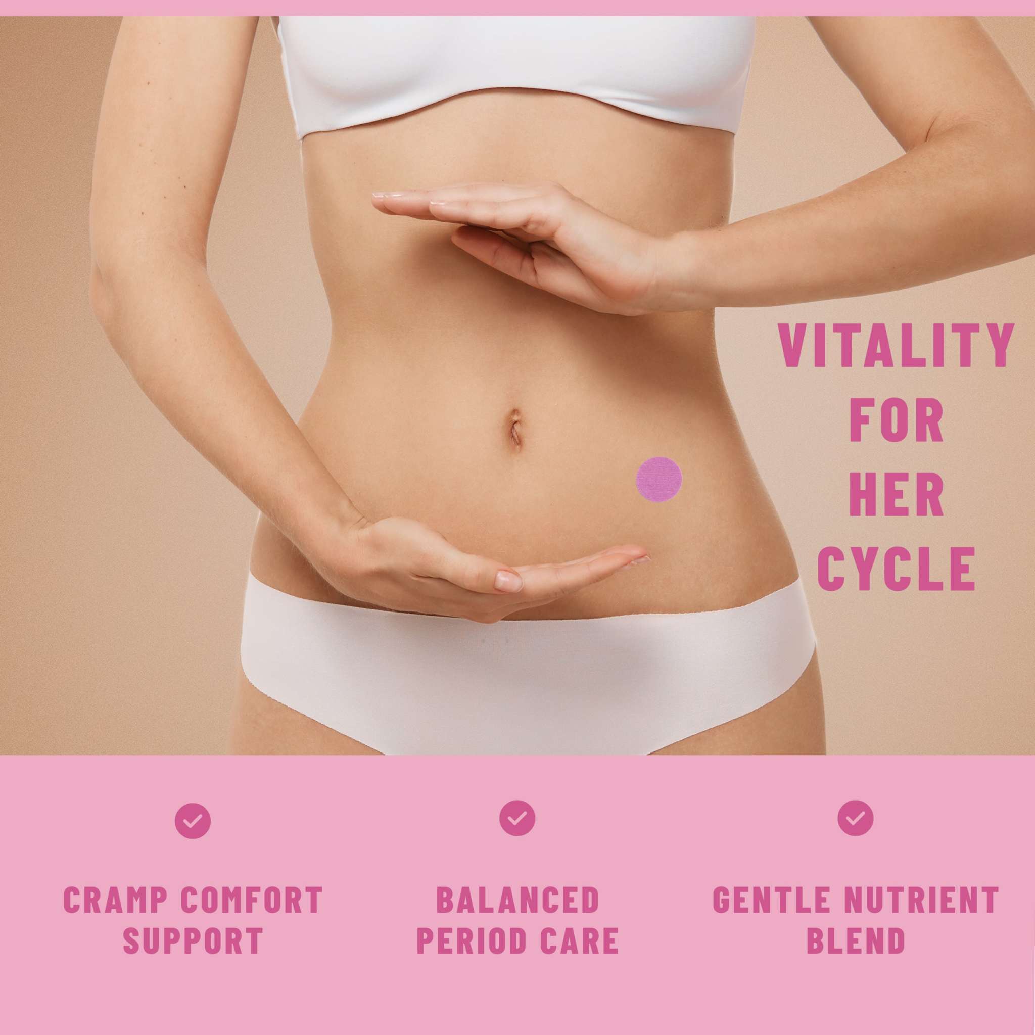 Period Patches Menstrual Support, shown with a purple patch symbol and messaging for cycle vitality and cramp comfort.