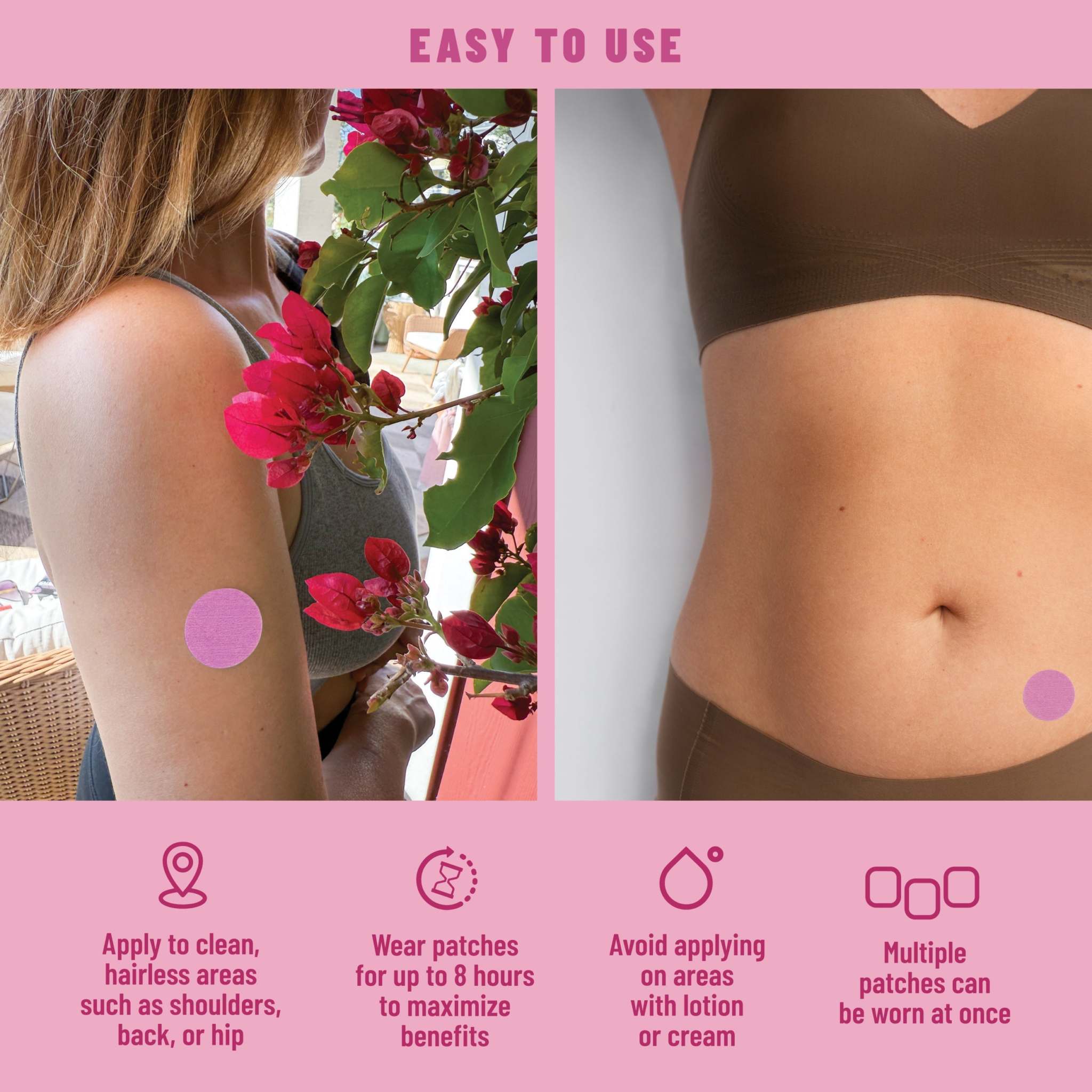 Period Patches Menstrual Support, shown as small round pink patches on the upper arm and abdomen with easy-use instructions.