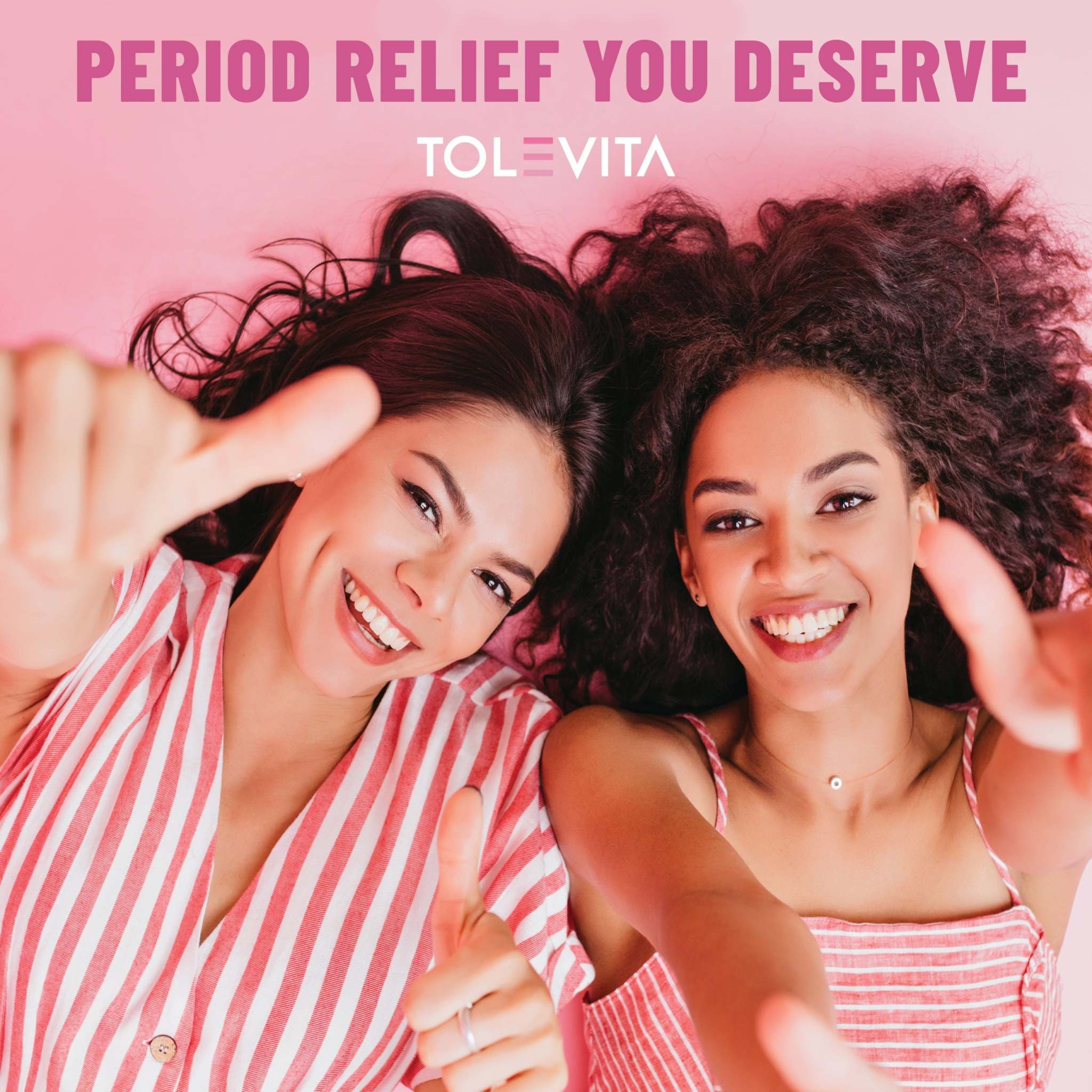 Period Patches Menstrual Support packaging with pink and white lettering beside two smiling women wearing striped tops.