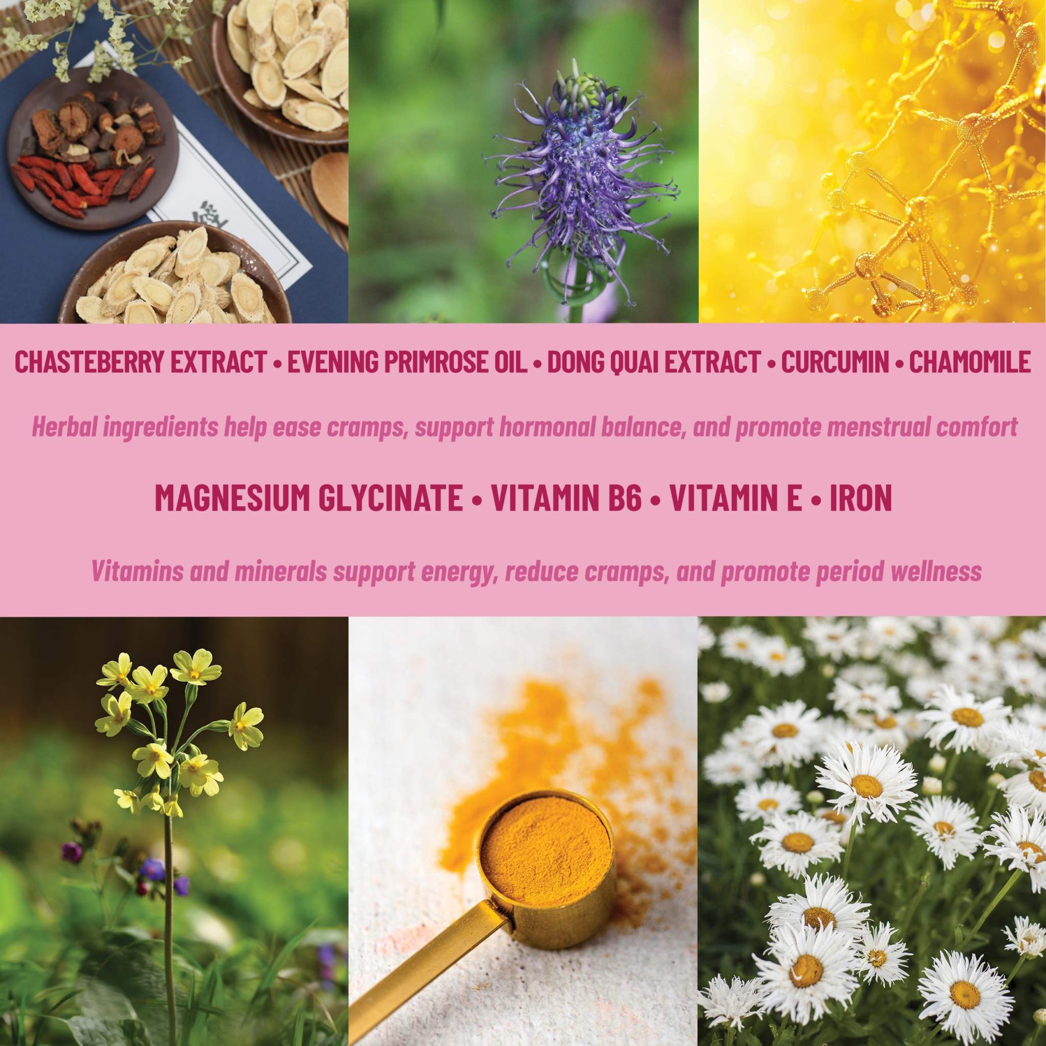 Period Patches Menstrual Support product graphic in pink, featuring botanical ingredient photos, herb names and wellness claims.