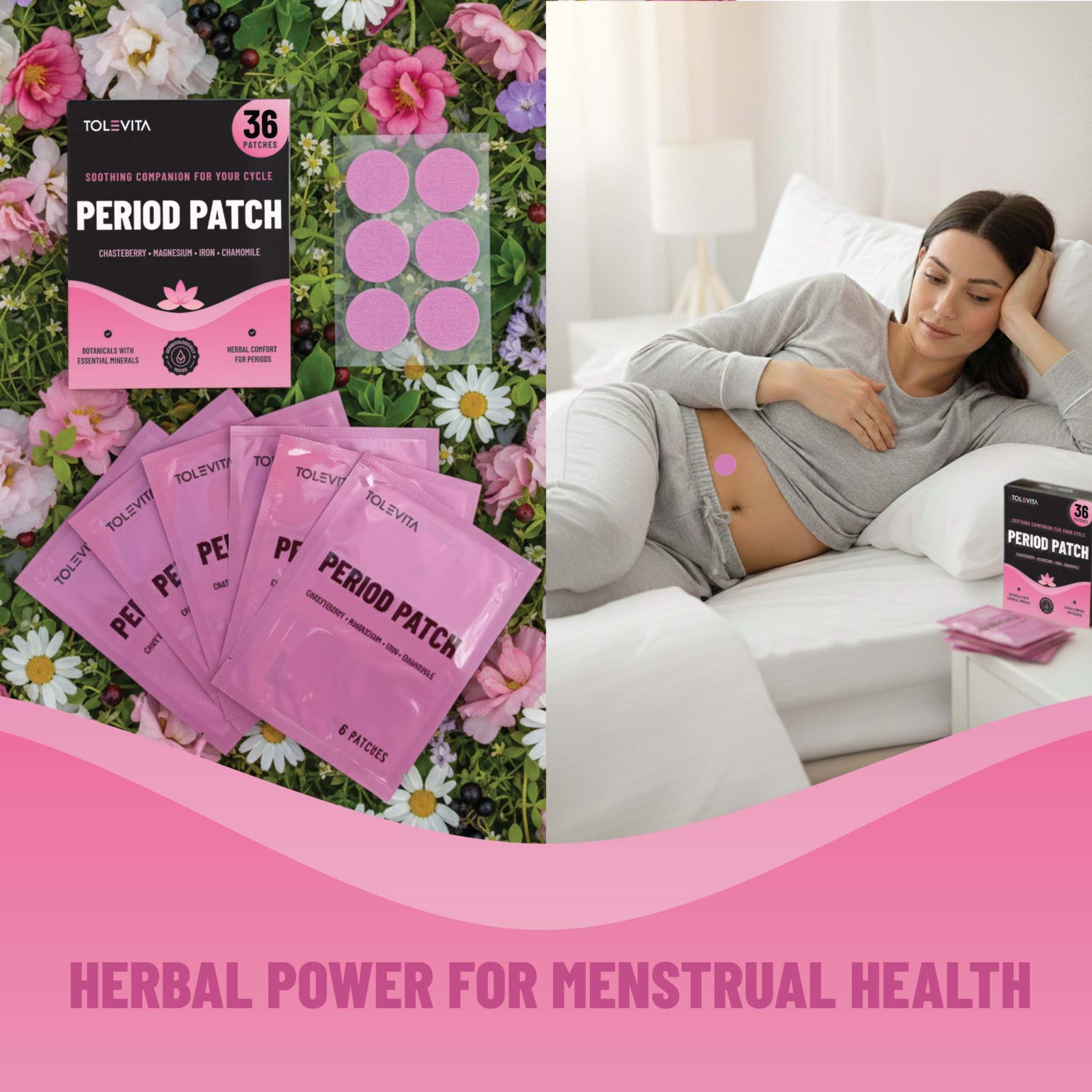 Period Patches Menstrual Support shown in pink sachets with round lavender patches and a black-and-pink 36-count box.