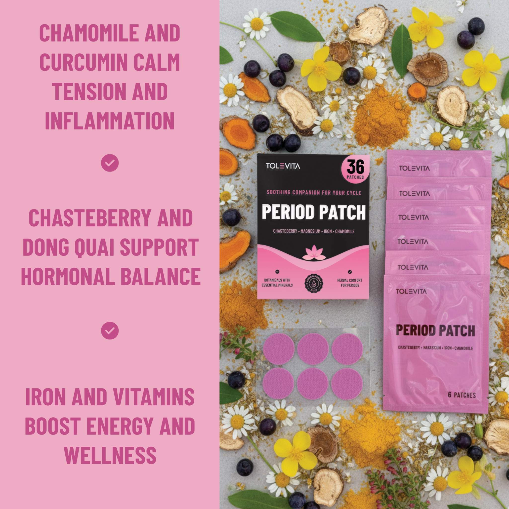 Period Patches Menstrual Support in pink packaging, with botanical floral illustrations and round pink adhesive patches.