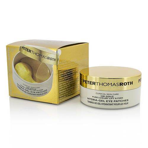 Peter Thomas Roth gold Hydra-Gel Eye Patches in a white jar with a metallic gold lid and matching box.