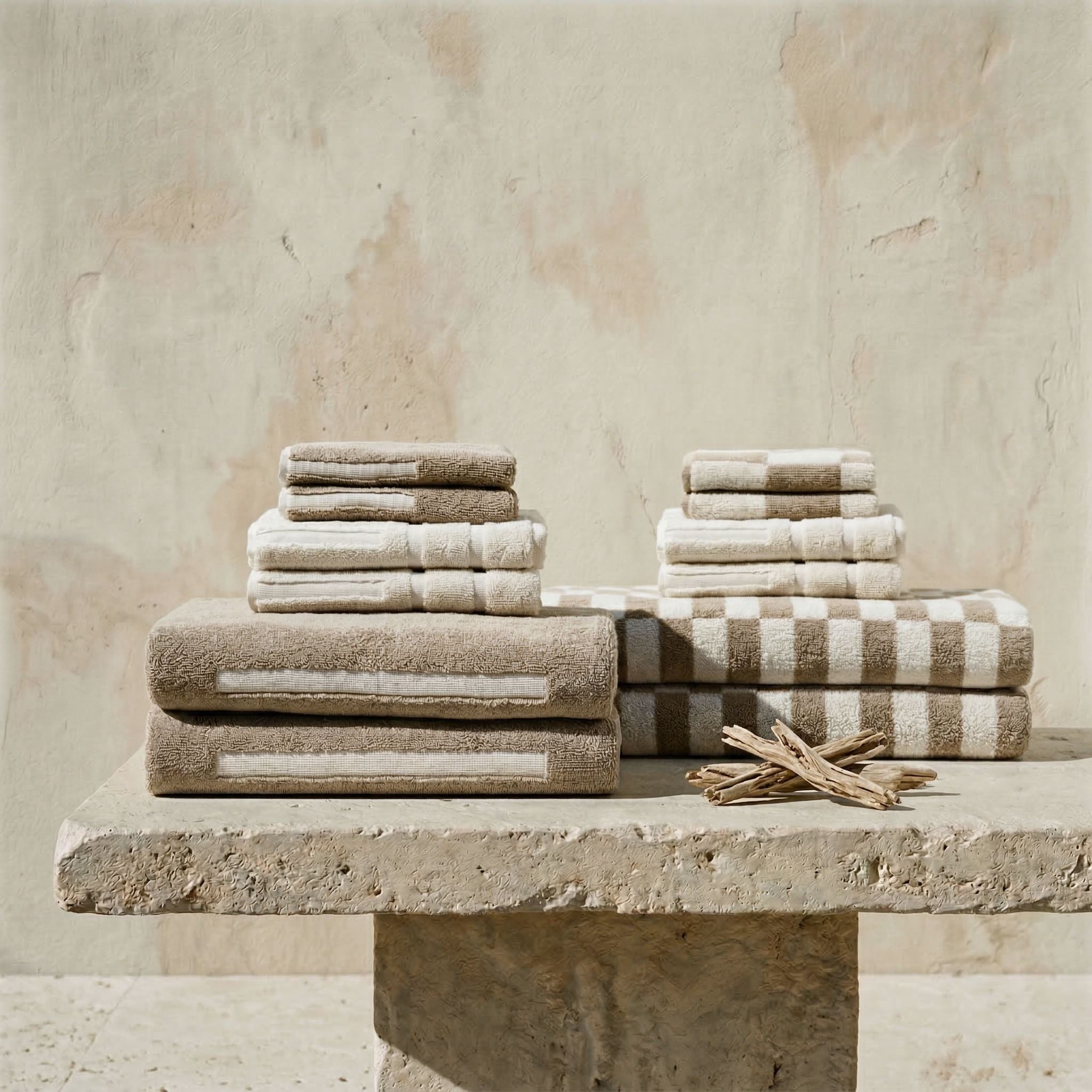 Pietra Australian Cotton towels with warped-checkered design