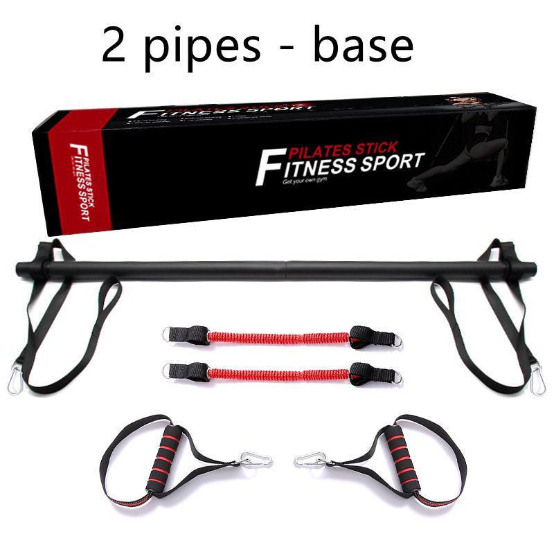Pilates Bar Kit with two black foam-covered metal pipes, red and black resistance bands, and black handles for home workouts.