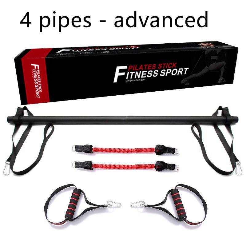 Pilates Bar Kit with four black metal pipes, red resistance bands, and black foam handles with straps for fitness workouts.