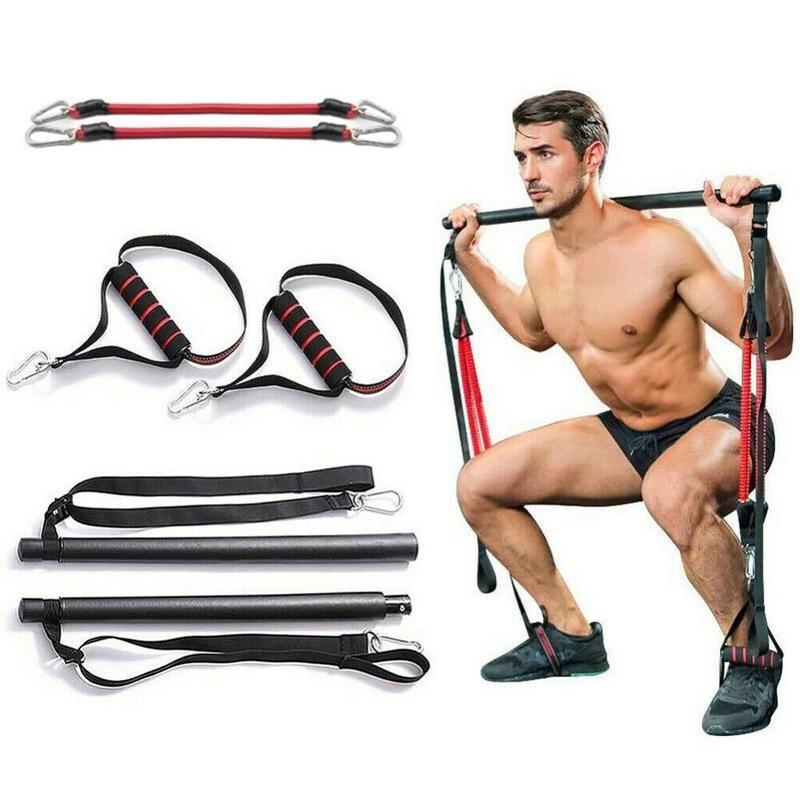 Pilates Bar Kit with black detachable metal bar, red and black resistance bands, and handles for full body workout exercises.