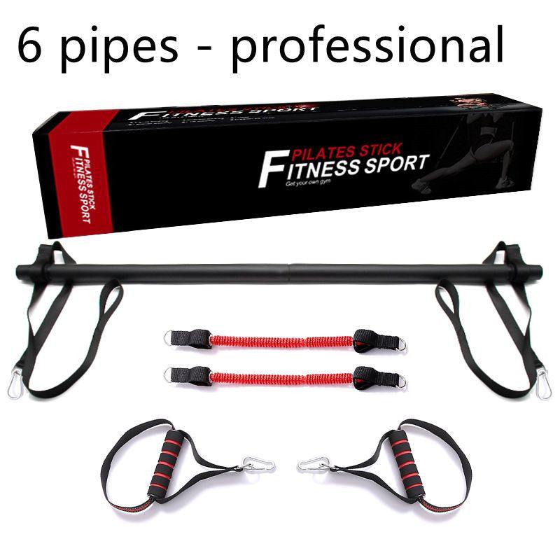 Pilates Bar Kit with six black metal pipes, detachable design, red resistance bands, and black foam grip handles for fitness workouts.