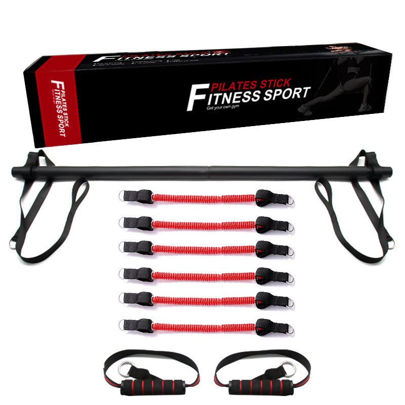 Pilates Bar Kit with black foam-covered bar, six red resistance bands, and black handles for versatile fitness workouts.