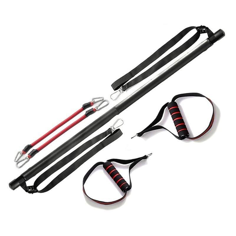 Pilates Bar Kit with silver metal bar, black and red foam grips, and detachable black and red resistance bands