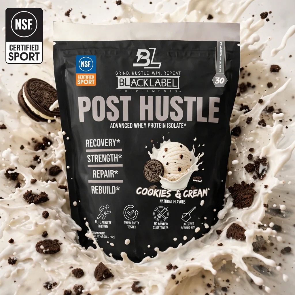 Whey protein isolate for post-workout muscle recovery in a black pouch, featuring Cookies & Cream flavor and NSF Certified for Sport labels