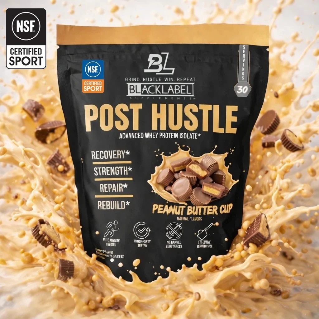 Post-workout muscle recovery whey protein isolate in a black and gold pouch, featuring a peanut butter cup flavor and NSF certification