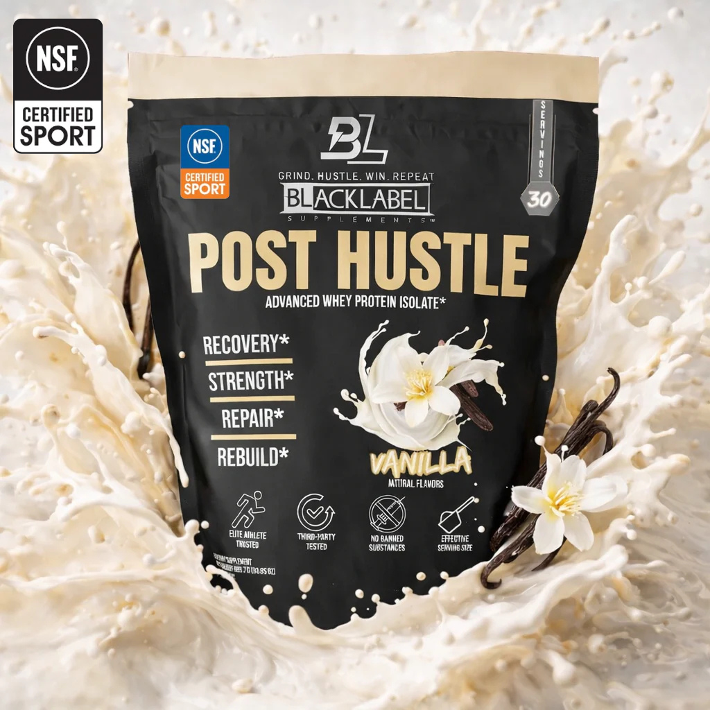 post-workout muscle recovery whey protein isolate in a black and cream vanilla-flavoured pouch with NSF Certified for Sport badge